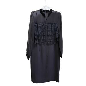 Mikael Aghal Vintage Black Sheer Lace Long Sleeve Button Front Sheath Dress 10